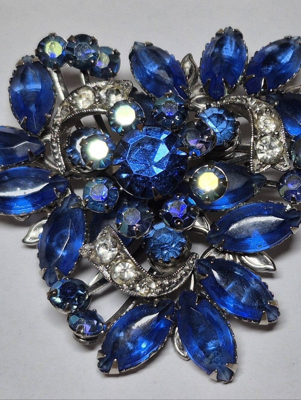 Vintage Blue Rhinestone & Crystal Brooch, Prong Set